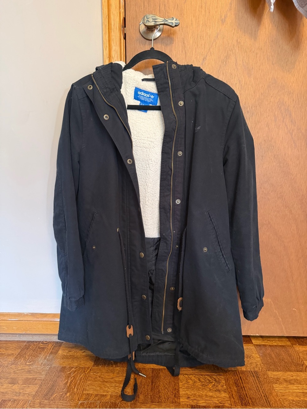 adidas Black Sherpa-Lined Trench Coat with Hood